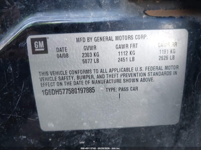 2008 Cadillac Cts Standard მანქანა იყიდება აუქციონზე, vin: 1G6DH577580197885, აუქციონის ნომერი: 45113745