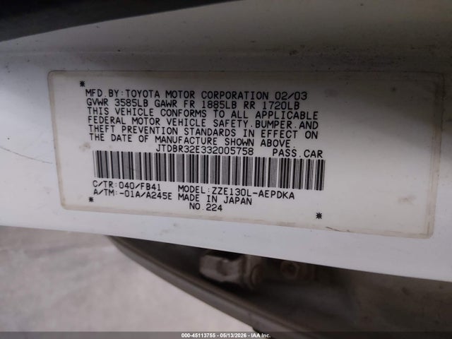 Aukcja sprzedaży 2003 Toyota Corolla Ce, vin: JTDBR32E332005758, numer aukcji: 45113755