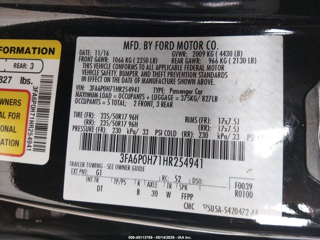 45113769 :رقم المزاد ، 3FA6P0H71HR254941 vin ، 2017 Ford Fusion Se مزاد بيع