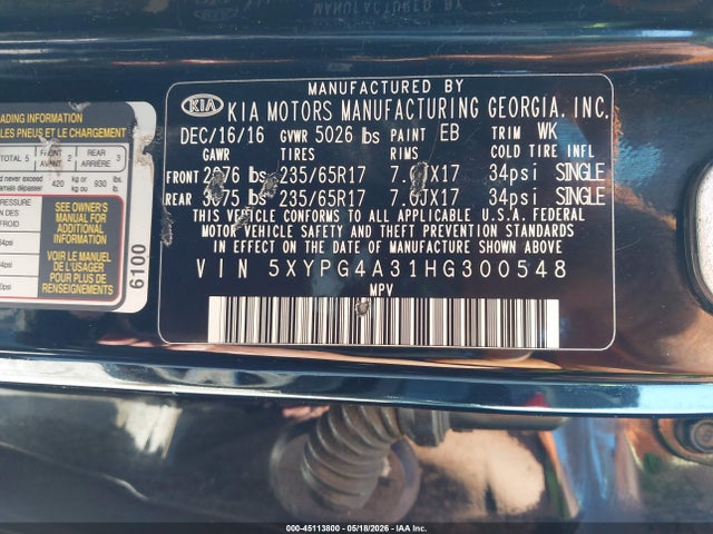 Продаж на аукціоні авто 2017 Kia Sorento 2.4l Lx, vin: 5XYPG4A31HG300548, номер лоту: 45113800