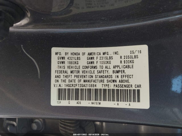 1HGCR2F72GA215694 Honda ACCORD EX