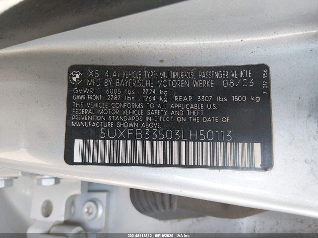Продажа на аукционе авто 2003 Bmw X5 4.4i, vin: 5UXFB33503LH50113, номер лота: 45113812