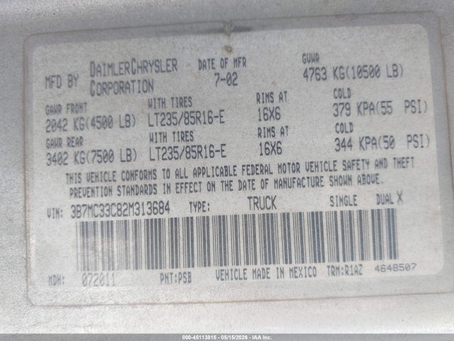 2002 Dodge Ram 3500 St მანქანა იყიდება აუქციონზე, vin: 3B7MC33C82M313684, აუქციონის ნომერი: 45113815
