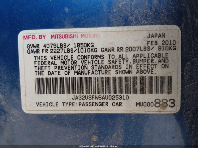Продаж на аукціоні авто 2010 Mitsubishi Lancer Gts, vin: JA32U8FW6AU025310, номер лоту: 45113823