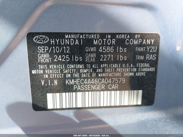 2012 Hyundai Sonata Hybrid მანქანა იყიდება აუქციონზე, vin: KMHEC4A46CA047579, აუქციონის ნომერი: 45113840