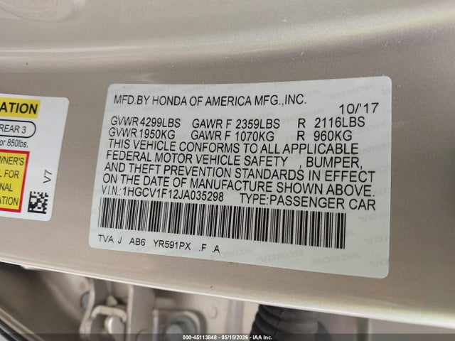 Aukcja sprzedaży 2018 Honda Accord Lx, vin: 1HGCV1F12JA035298, numer aukcji: 45113848