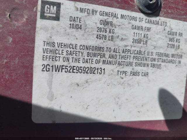 Продаж на аукціоні авто 2005 Chevrolet Impala, vin: 2G1WF52E959202131, номер лоту: 45113865