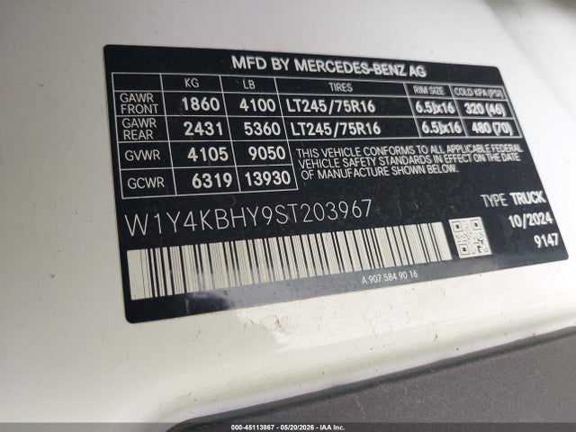 45113867 :رقم المزاد ، W1Y4KBHY9ST203967 vin ، 2025 Mercedes-benz Sprinter 2500 Standard Roof 4-cyl Diesel مزاد بيع