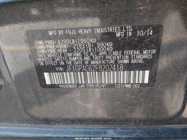 Продажа на аукционе авто 2015 Subaru Impreza 2.0i Premium, vin: JF1GPAC62F8202418, номер лота: 45113870