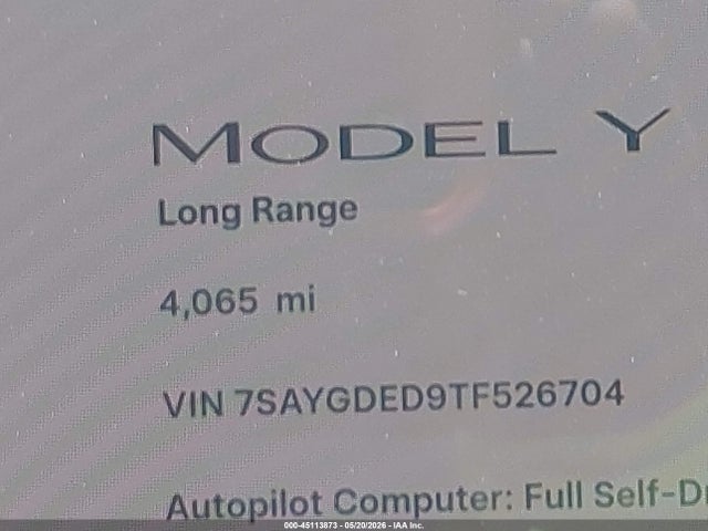 Продаж на аукціоні авто 2026 Tesla Model Y, vin: 7SAYGDED9TF526704, номер лоту: 45113873