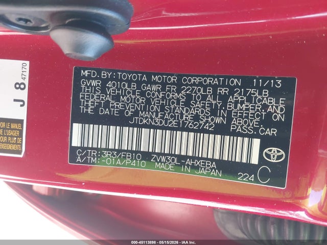 Продаж на аукціоні авто 2014 Toyota Prius Two, vin: JTDKN3DU2E1762742, номер лоту: 45113898