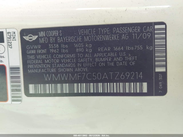 45113902 :رقم المزاد ، WMWMF7C50ATZ69214 vin ، 2010 Mini Cooper S مزاد بيع