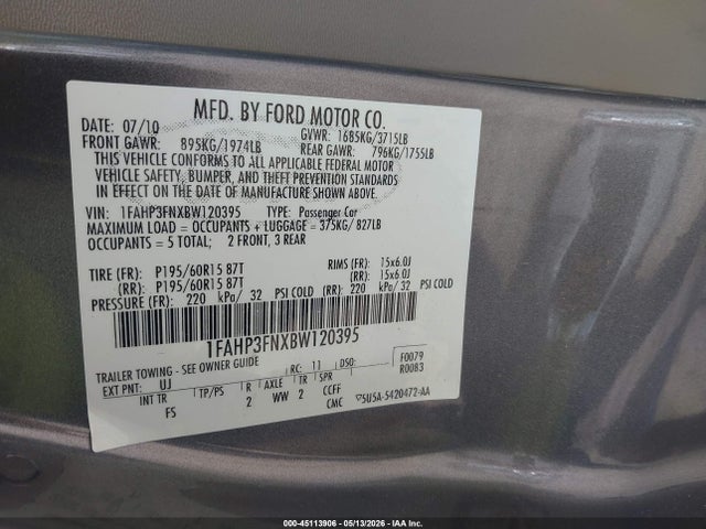 Продажа на аукционе авто 2011 Ford Focus Se, vin: 1FAHP3FNXBW120395, номер лота: 45113906