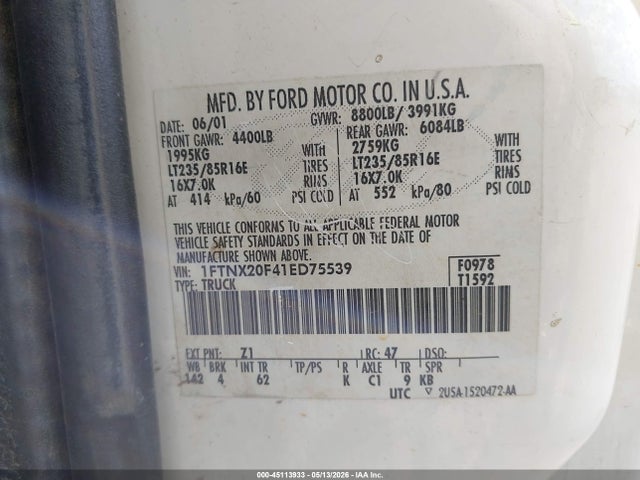 Продажа на аукционе авто 2001 Ford F-250 Lariat/xl/xlt, vin: 1FTNX20F41ED75539, номер лота: 45113933