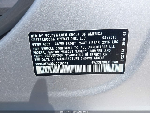 2018 Volkswagen Passat 3.6l V6 Gt მანქანა იყიდება აუქციონზე, vin: 1VWJM7A39JC025311, აუქციონის ნომერი: 45113942