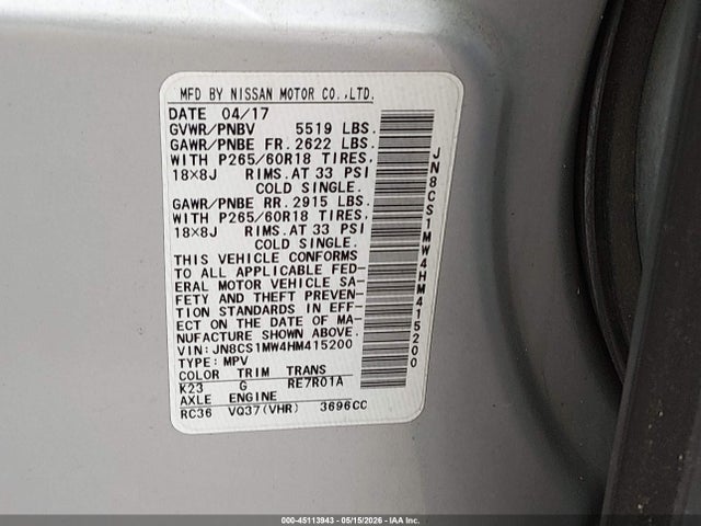 Продажа на аукционе авто 2017 Infiniti Qx70, vin: JN8CS1MW4HM415200, номер лота: 45113943