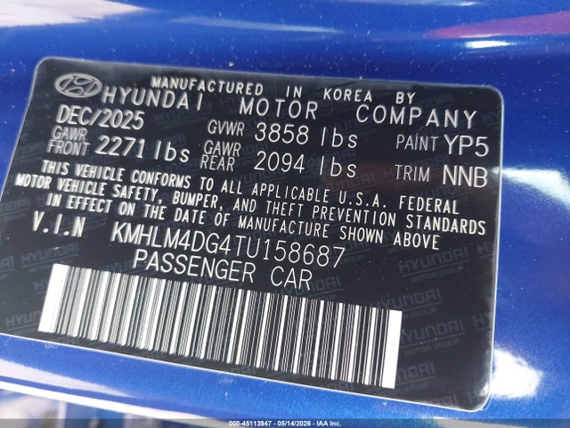 45113947 :رقم المزاد ، KMHLM4DG4TU158687 vin ، 2026 Hyundai Elantra Sel Sport مزاد بيع