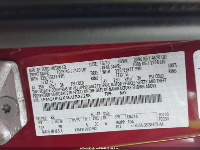 45113951 :رقم المزاد ، 1FMCU0GX3EUB27258 vin ، 2014 Ford Escape Se مزاد بيع