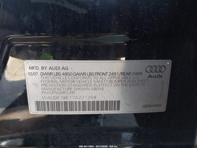 Aukcja sprzedaży 2007 Audi A4 2.0t, vin: WAUDF78E17A221259, numer aukcji: 45113953