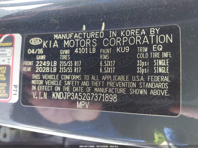 45113966 :رقم المزاد ، KNDJP3A52G7371898 vin ، 2016 Kia Soul + مزاد بيع