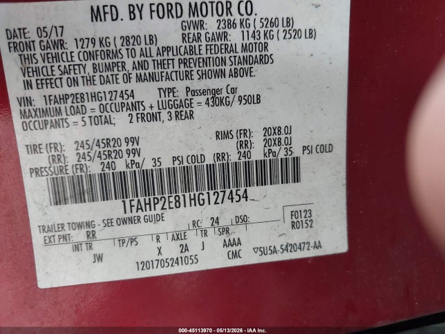 Auction sale of the 2017 Ford Taurus Sel, vin: 1FAHP2E81HG127454, lot number: 45113970
