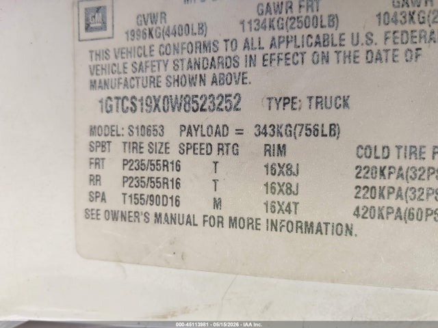 Продажа на аукционе авто 1998 Gmc Sonoma Sls, vin: 1GTCS19X0W8523252, номер лота: 45113981