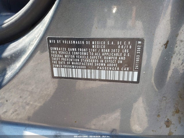 Aukcja sprzedaży 2019 Volkswagen Jetta 1.4t R-line/1.4t S/1.4t Se, vin: 3VWC57BU8KM056000, numer aukcji: 45113990
