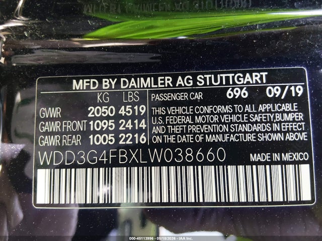 45113996 :رقم المزاد ، WDD3G4FBXLW038660 vin ، 2020 Mercedes-benz A 220 4matic مزاد بيع