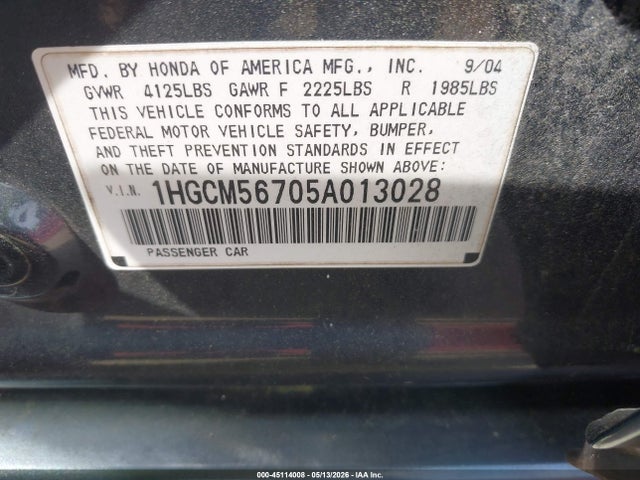 Aukcja sprzedaży 2005 Honda Accord 2.4 Ex, vin: 1HGCM56705A013028, numer aukcji: 45114008