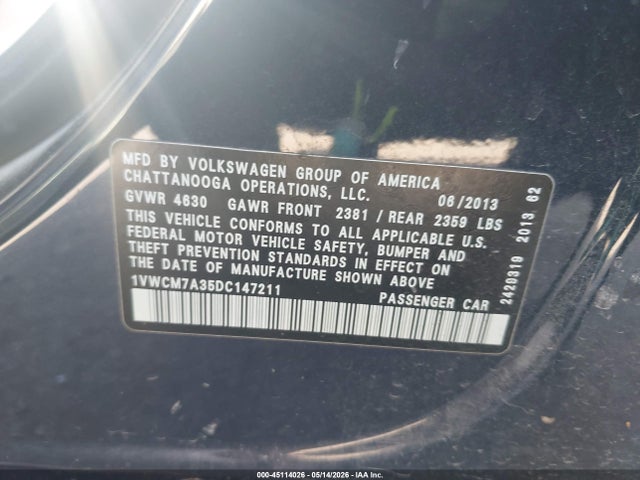 Продажа на аукционе авто 2013 Volkswagen Passat 3.6l V6 Sel Premium, vin: 1VWCM7A35DC147211, номер лота: 45114026