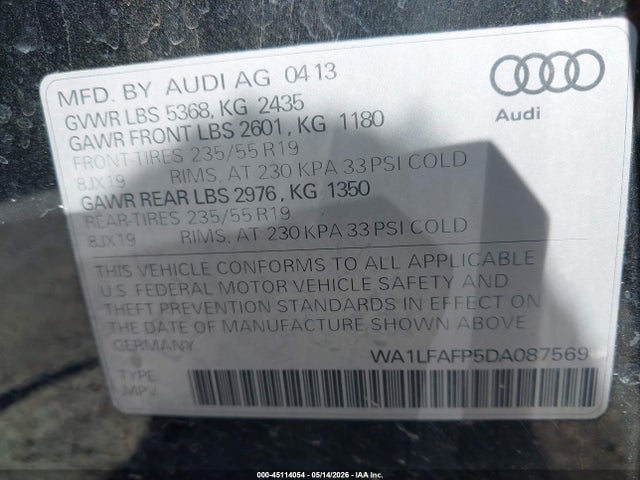 2013 Audi Q5 2.0t Premium მანქანა იყიდება აუქციონზე, vin: WA1LFAFP5DA087569, აუქციონის ნომერი: 45114054