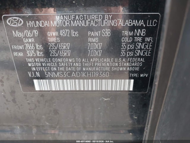 Aukcja sprzedaży 2019 Hyundai Santa Fe Sel, vin: 5NMS3CAD1KH119360, numer aukcji: 45114060