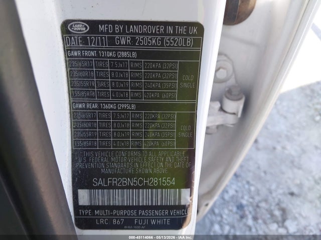 45114066 :رقم المزاد ، SALFR2BN5CH281554 vin ، 2012 Land Rover Lr2 مزاد بيع