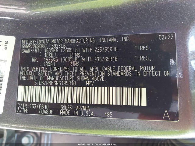 2022 Toyota Highlander Le მანქანა იყიდება აუქციონზე, vin: 5TDBZRBH6NS195810, აუქციონის ნომერი: 45114072