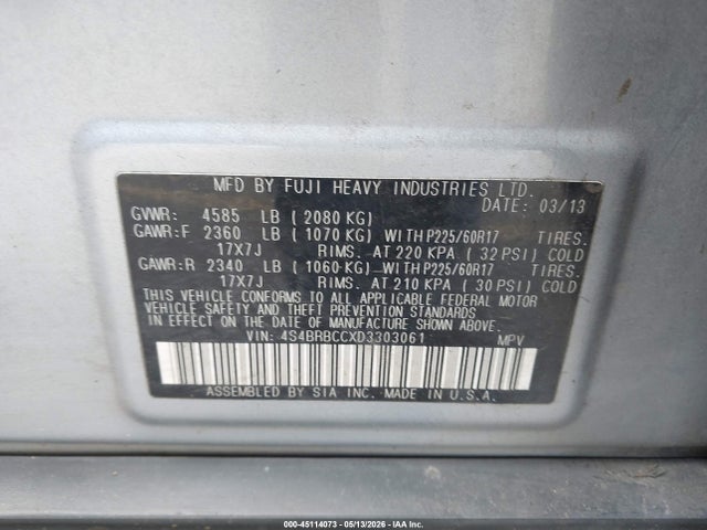 2013 Subaru Outback 2.5i Premium მანქანა იყიდება აუქციონზე, vin: 4S4BRBCCXD3303061, აუქციონის ნომერი: 45114073