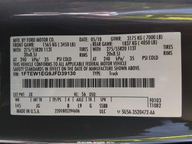 Aukcja sprzedaży 2018 Ford F-150 Xl, vin: 1FTEW1EG9JFD39130, numer aukcji: 45114086
