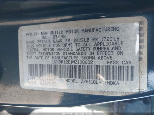 Продаж на аукціоні авто 1998 Toyota Corolla Ce, vin: 1NXBR12E1WZ130802, номер лоту: 45114097