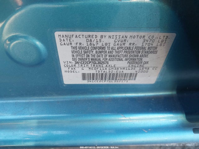 Aukcja sprzedaży 2016 Nissan Versa Note S (sr)/s Plus/sl/sr/sv, vin: 3N1CE2CP7GL352575, numer aukcji: 45114113