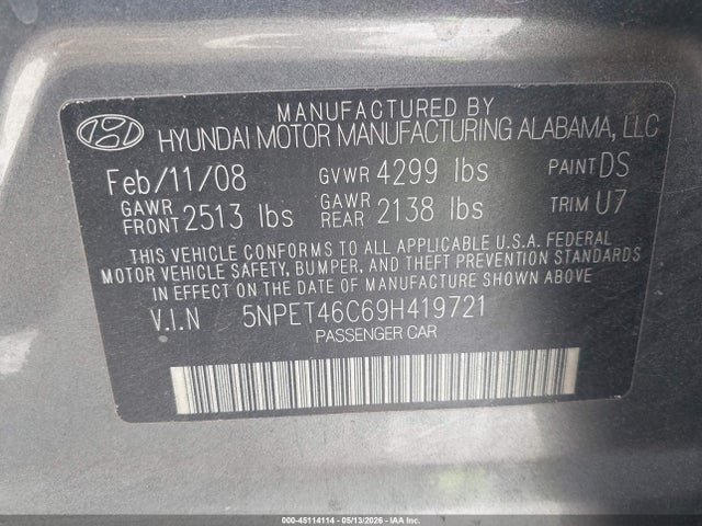 Продажа на аукционе авто 2009 Hyundai Sonata Gls, vin: 5NPET46C69H419721, номер лота: 45114114