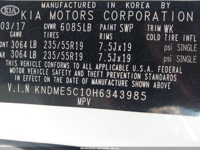 45114116 :رقم المزاد ، KNDME5C10H6343985 vin ، 2017 Kia Sedona Sx Luxury مزاد بيع