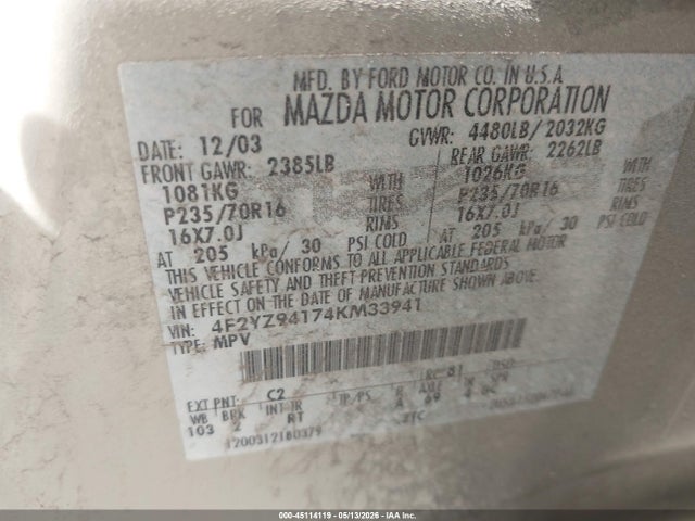 45114119 :رقم المزاد ، 4F2YZ94174KM33941 vin ، 2004 Mazda Tribute Lx V6 مزاد بيع
