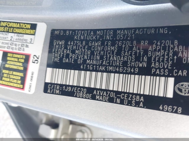 Aukcja sprzedaży 2021 Toyota Camry Se Nightshade Edition, vin: 4T1G11AK1MU462949, numer aukcji: 45114120