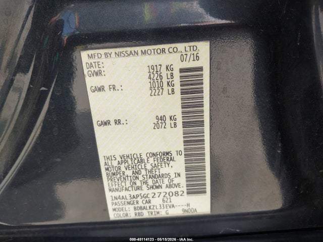 Aukcja sprzedaży 2016 Nissan Altima 2.5 Sv, vin: 1N4AL3AP5GC272082, numer aukcji: 45114123