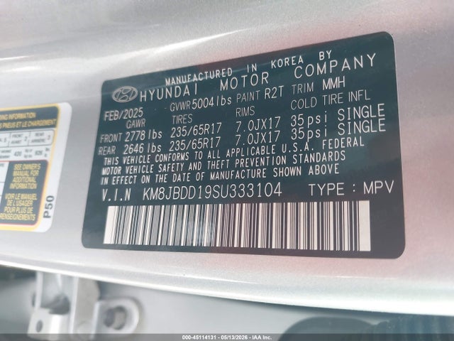 Aukcja sprzedaży 2025 Hyundai Tucson Hybrid Blue, vin: KM8JBDD19SU333104, numer aukcji: 45114131