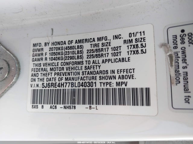 45114132 :رقم المزاد ، 5J6RE4H77BL040301 vin ، 2011 Honda Cr-v Ex-l مزاد بيع