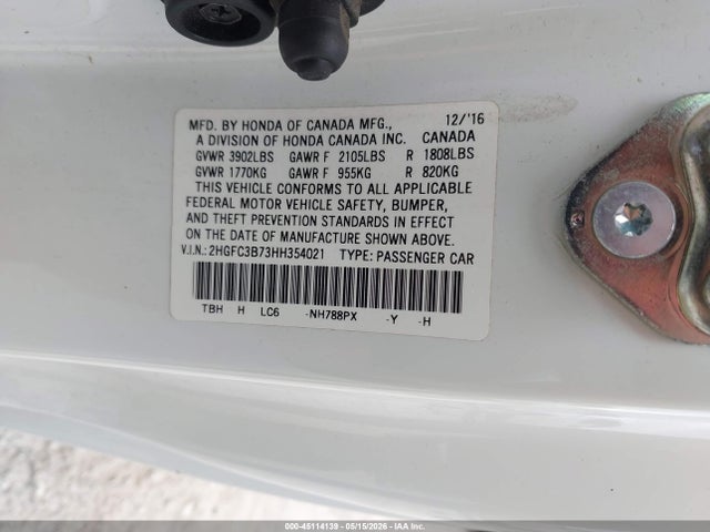 Продаж на аукціоні авто 2017 Honda Civic Ex-l, vin: 2HGFC3B73HH354021, номер лоту: 45114139