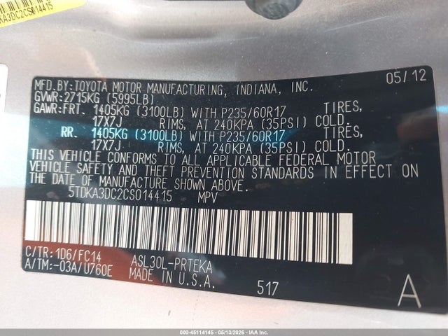 Aukcja sprzedaży 2012 Toyota Sienna Base 7 Passenger/le 8 Passenger, vin: 5TDKA3DC2CS014415, numer aukcji: 45114145