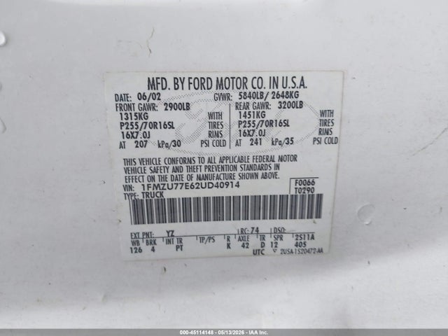 Aukcja sprzedaży 2002 Ford Explorer Sport Trac, vin: 1FMZU77E62UD40914, numer aukcji: 45114148