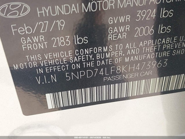 5NPD74LF8KH473963 Hyundai ELANTRA SE
