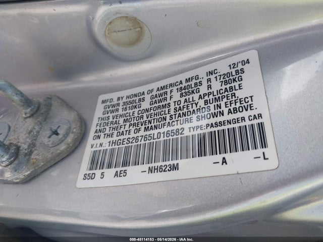 Продаж на аукціоні авто 2005 Honda Civic Ex, vin: 1HGES26765L016582, номер лоту: 45114153